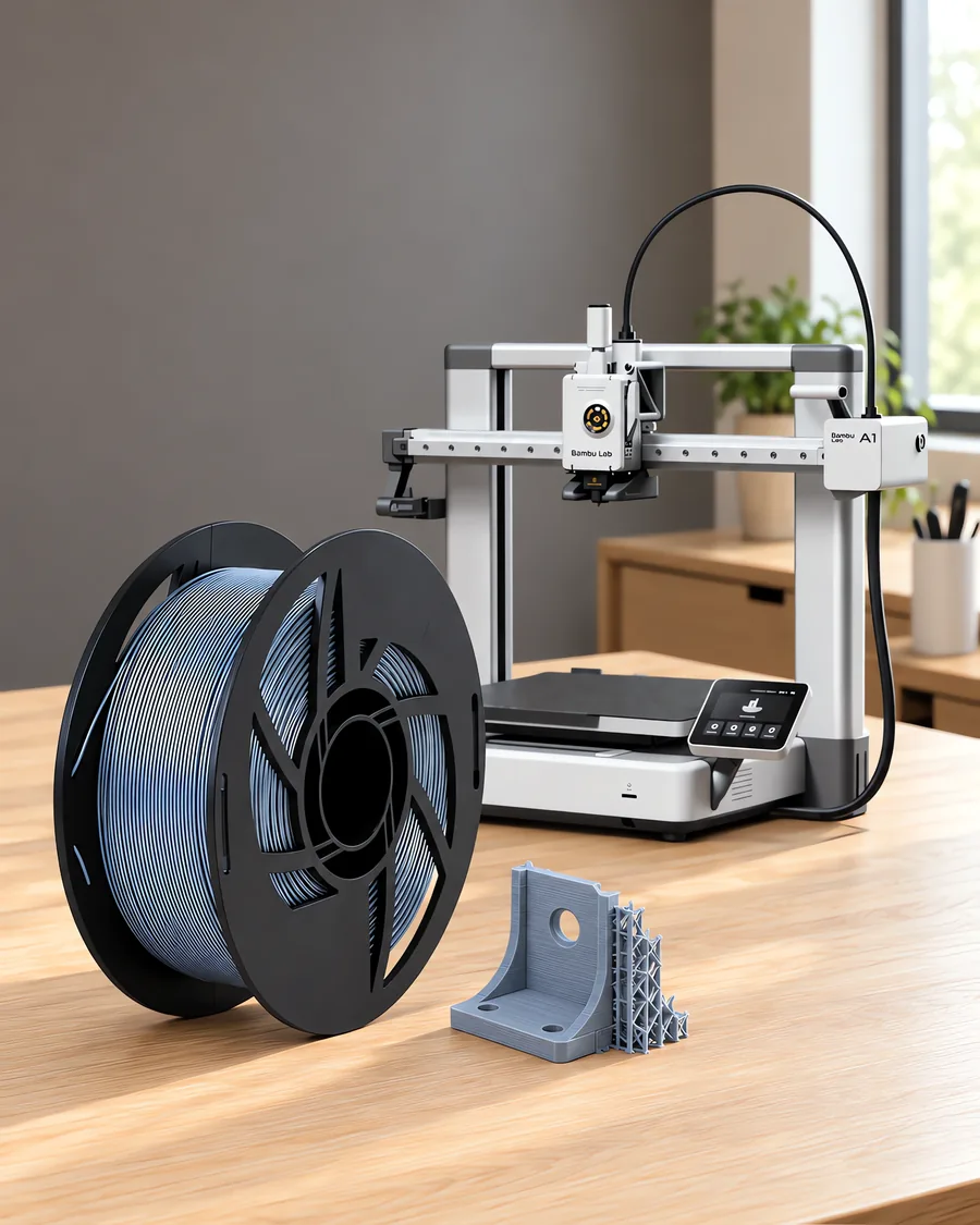 Carretel de filamento pla 850 gris plata sobre una mesa de roble claro, con una impresora 3D detrás y un soporte impresa en el mismo color al lado.