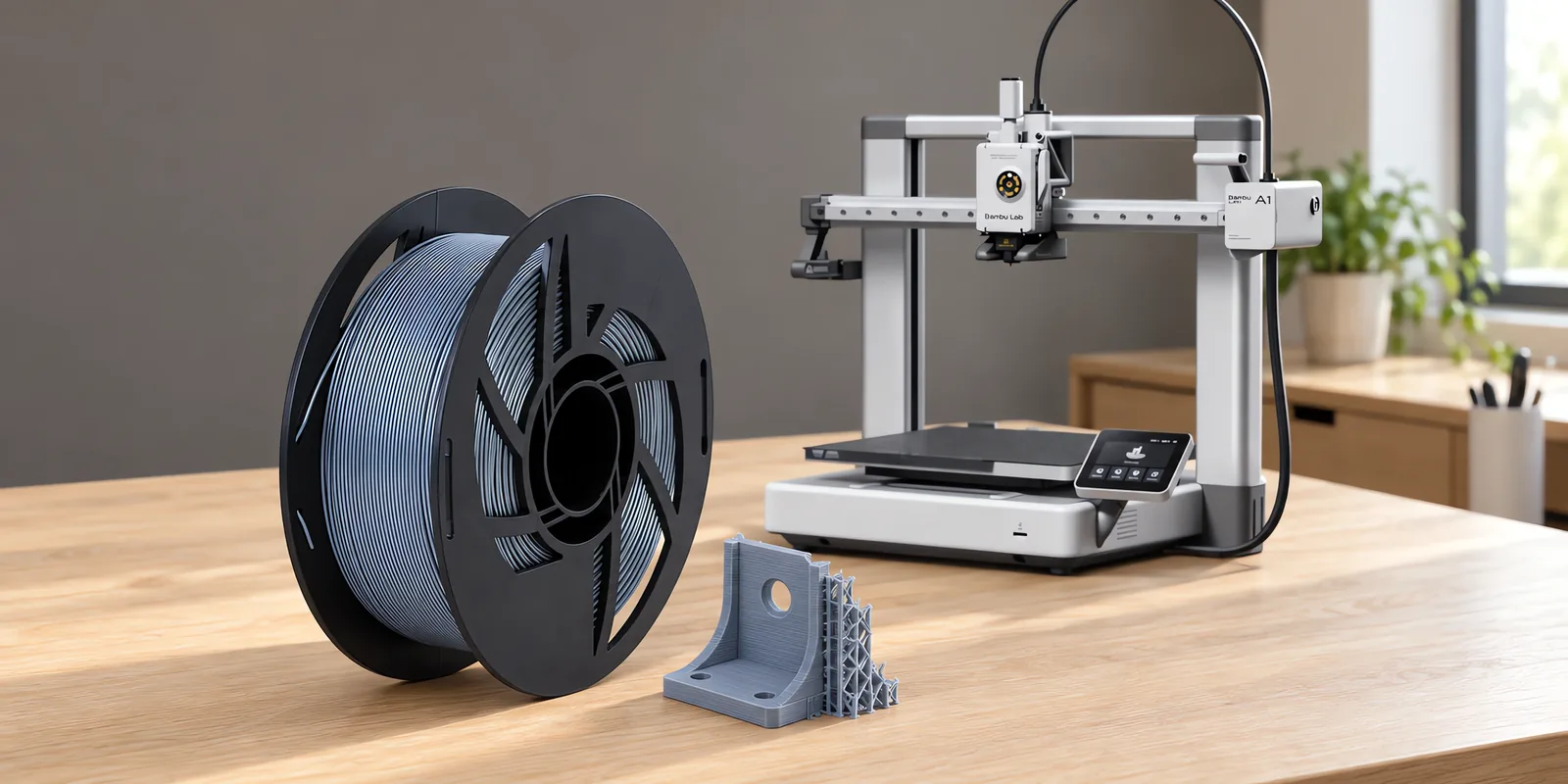 Carretel de filamento pla 850 gris plata sobre una mesa de roble claro, con una impresora 3D detrás y un soporte impresa en el mismo color al lado.
