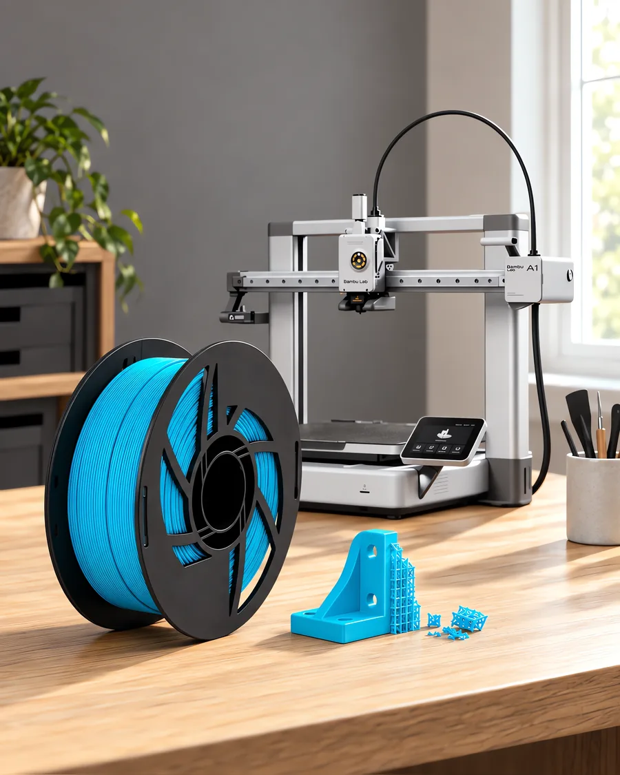 Carretel de filamento pla 850 turquesa sobre una mesa de roble claro, con una impresora 3D detrás y un soporte impresa en el mismo color al lado.