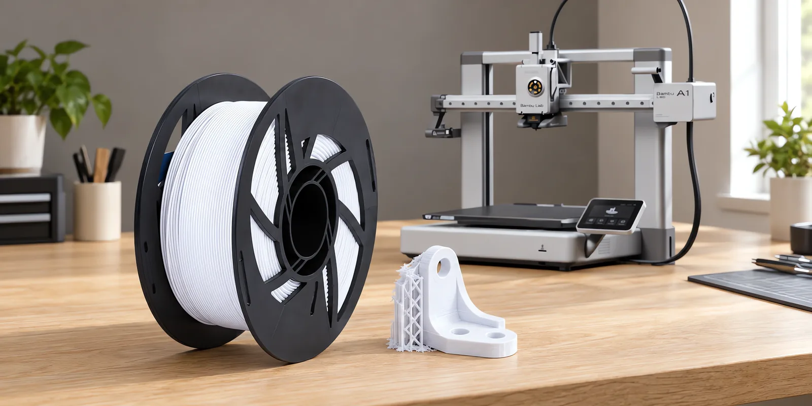 Carretel de filamento pla 870 blanco sobre una mesa de roble claro, con una impresora 3D detrás y un soporte impresa en el mismo color al lado.