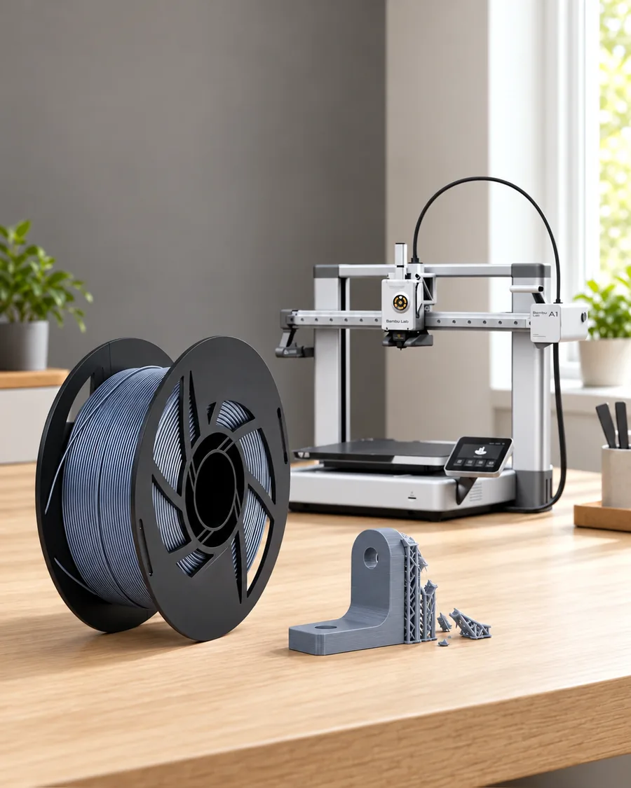 Carretel de filamento pla 870 gris plata sobre una mesa de roble claro, con una impresora 3D detrás y un soporte impresa en el mismo color al lado.