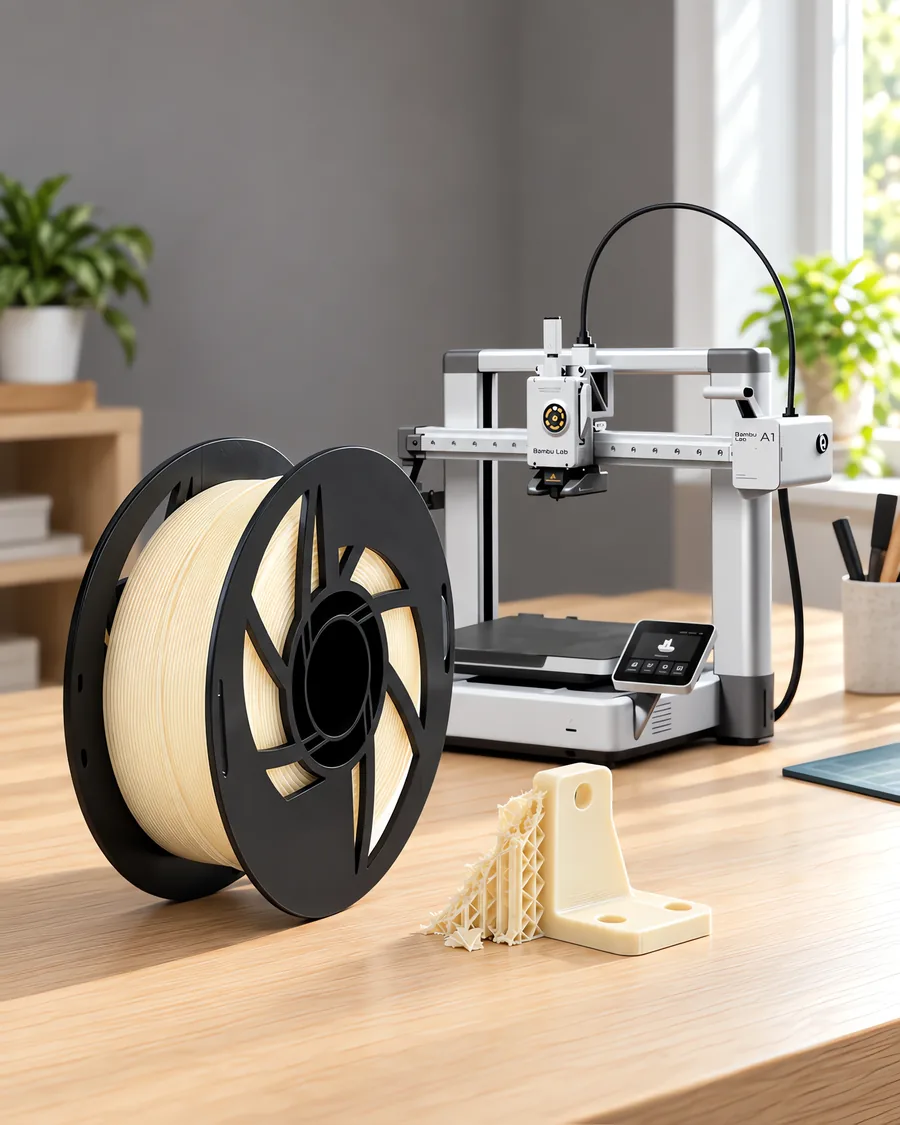 Carretel de filamento pla 870 natural sobre una mesa de roble claro, con una impresora 3D detrás y un soporte impresa en el mismo color al lado.