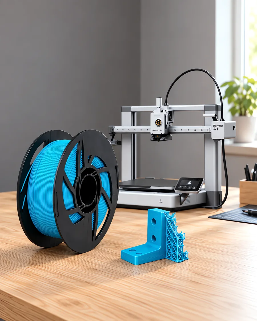 Carretel de filamento pla 870 turquesa sobre una mesa de roble claro, con una impresora 3D detrás y un soporte impresa en el mismo color al lado.