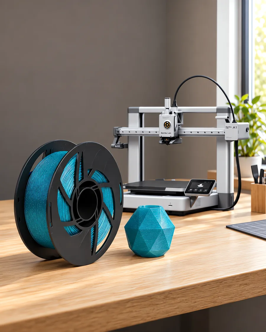 Carretel de filamento pla astra calipso sobre una mesa de roble claro, con una impresora 3D detrás y un adorno impresa en el mismo color al lado.