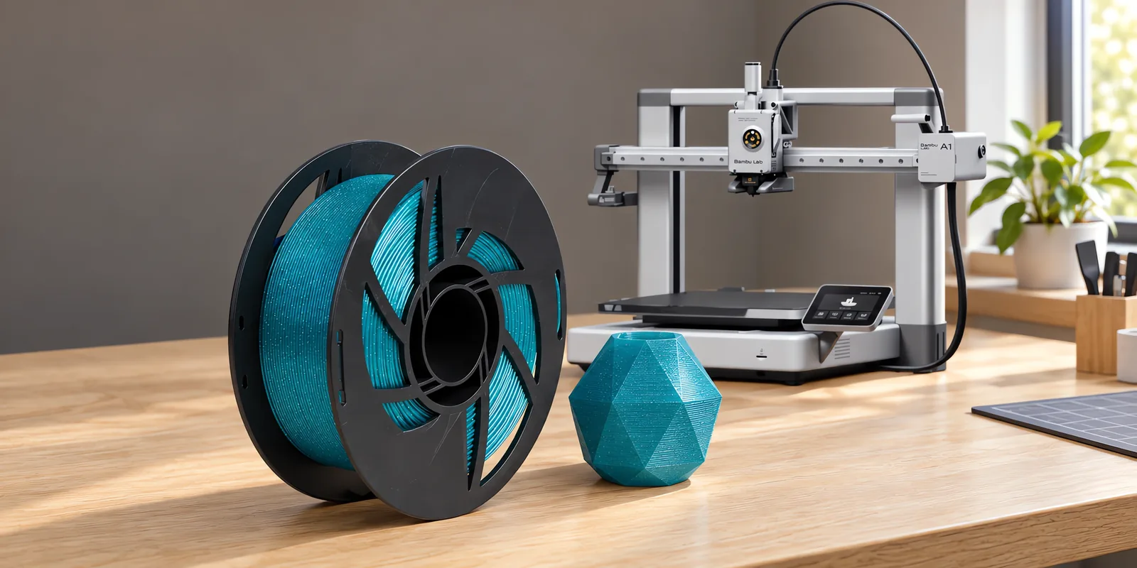 Carretel de filamento pla astra calipso sobre una mesa de roble claro, con una impresora 3D detrás y un adorno impresa en el mismo color al lado.