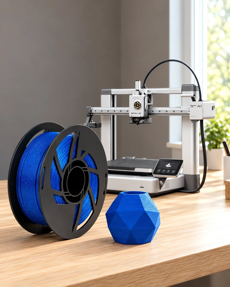 Carretel de filamento pla astra noche sobre una mesa de roble claro, con una impresora 3D detrás y un adorno impresa en el mismo color al lado.