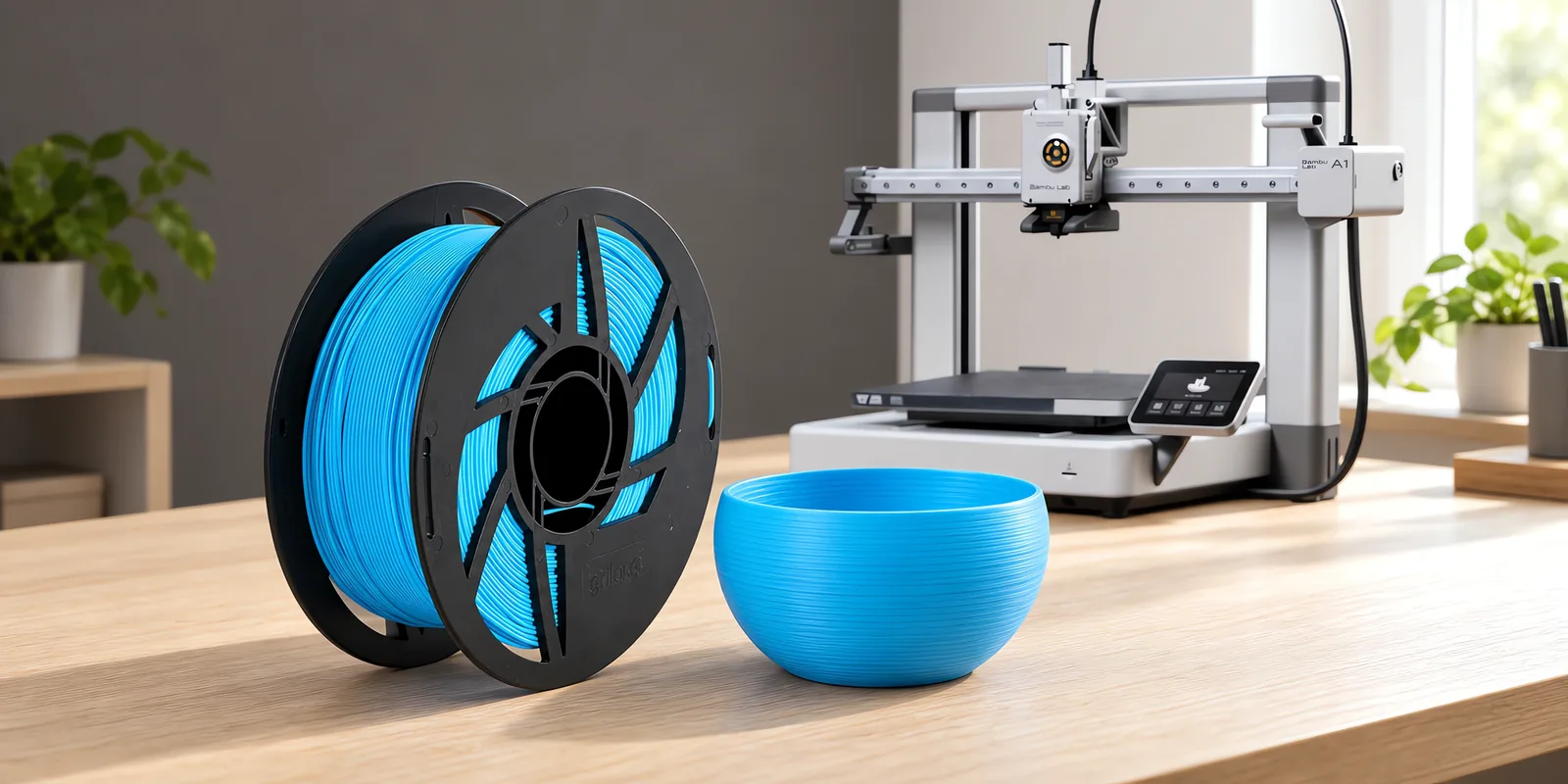 Carretel de filamento pla boutique acqua sobre una mesa de roble claro, con una impresora 3D detrás y un cuenco impresa en el mismo color al lado.