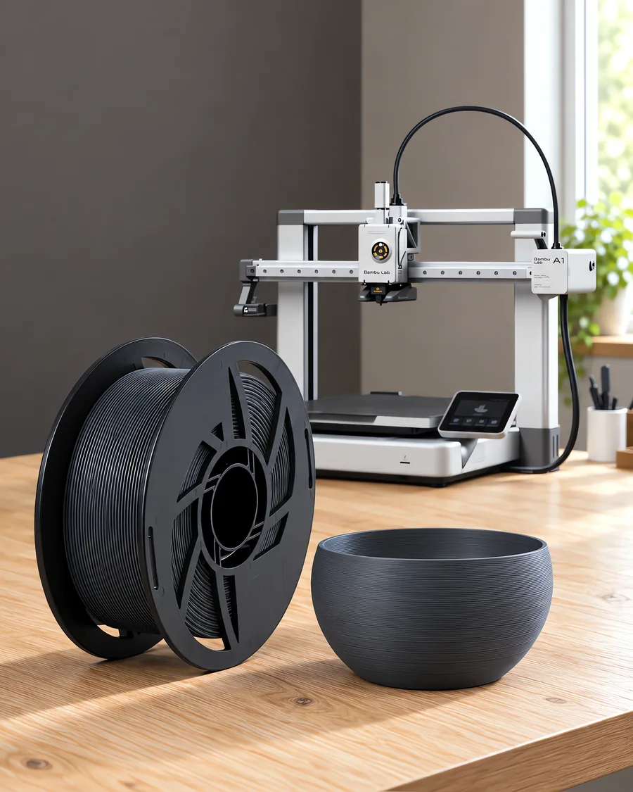 Carretel de filamento pla boutique carbon sobre una mesa de roble claro, con una impresora 3D detrás y un cuenco impresa en el mismo color al lado.