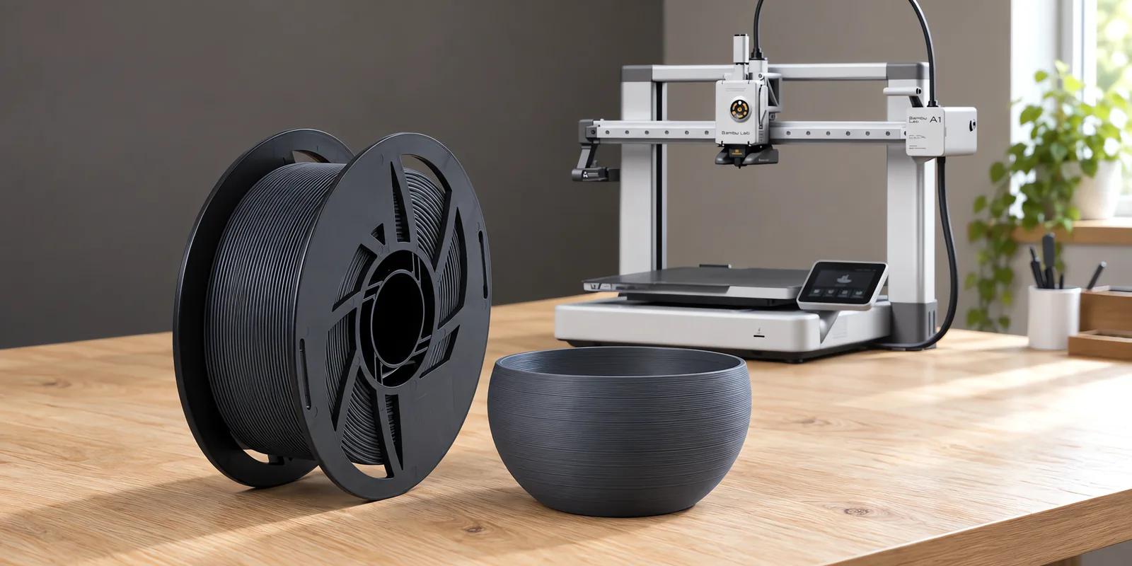 Carretel de filamento pla boutique carbon sobre una mesa de roble claro, con una impresora 3D detrás y un cuenco impresa en el mismo color al lado.