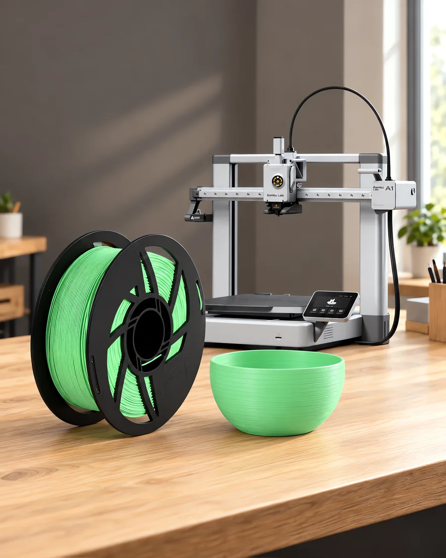 Carretel de filamento pla boutique caribe sobre una mesa de roble claro, con una impresora 3D detrás y un cuenco impresa en el mismo color al lado.