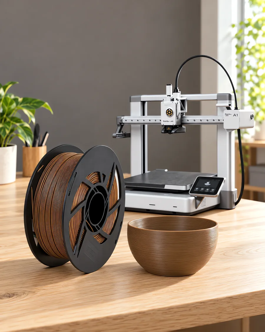 Carretel de filamento pla boutique dulce de leche sobre una mesa de roble claro, con una impresora 3D detrás y un cuenco impresa en el mismo color al lado.
