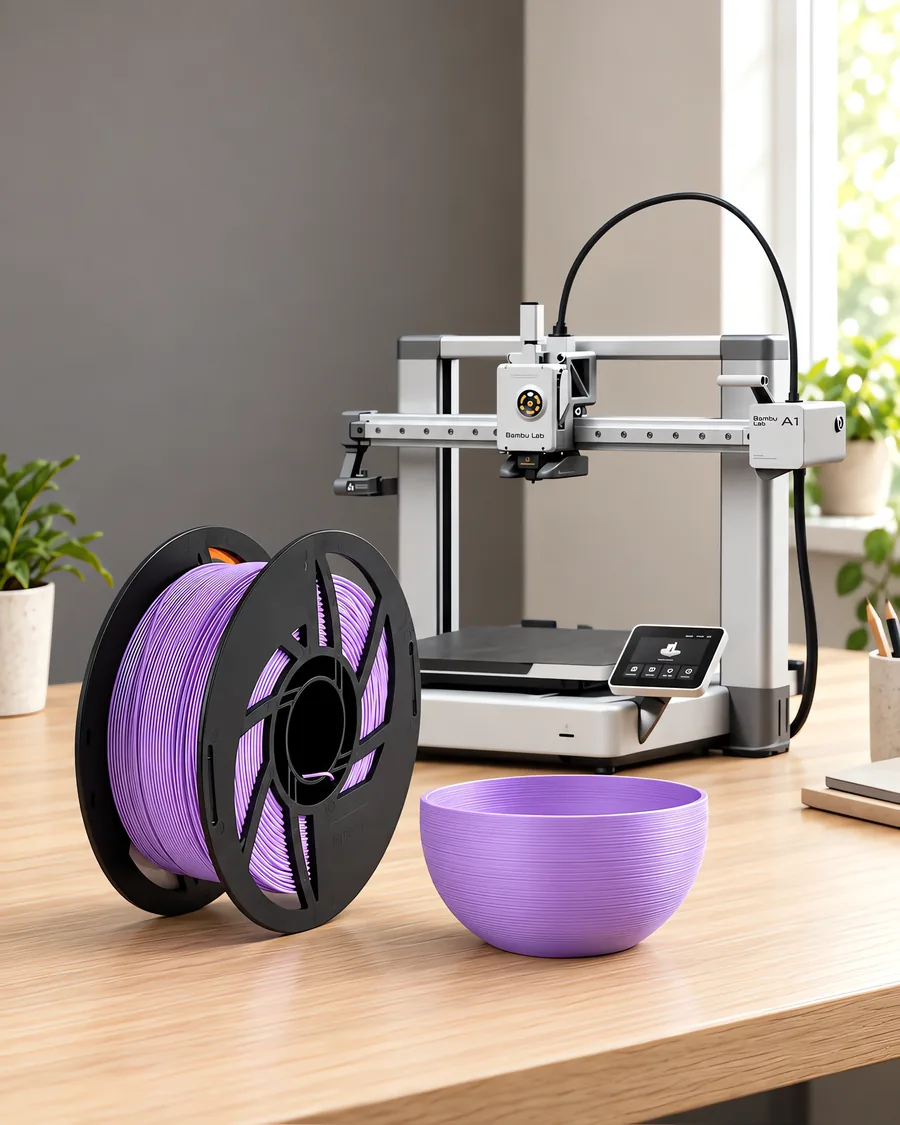 Carretel de filamento pla boutique lavanda sobre una mesa de roble claro, con una impresora 3D detrás y un cuenco impresa en el mismo color al lado.