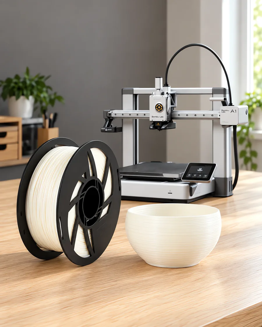 Carretel de filamento pla boutique perla sobre una mesa de roble claro, con una impresora 3D detrás y un cuenco impresa en el mismo color al lado.