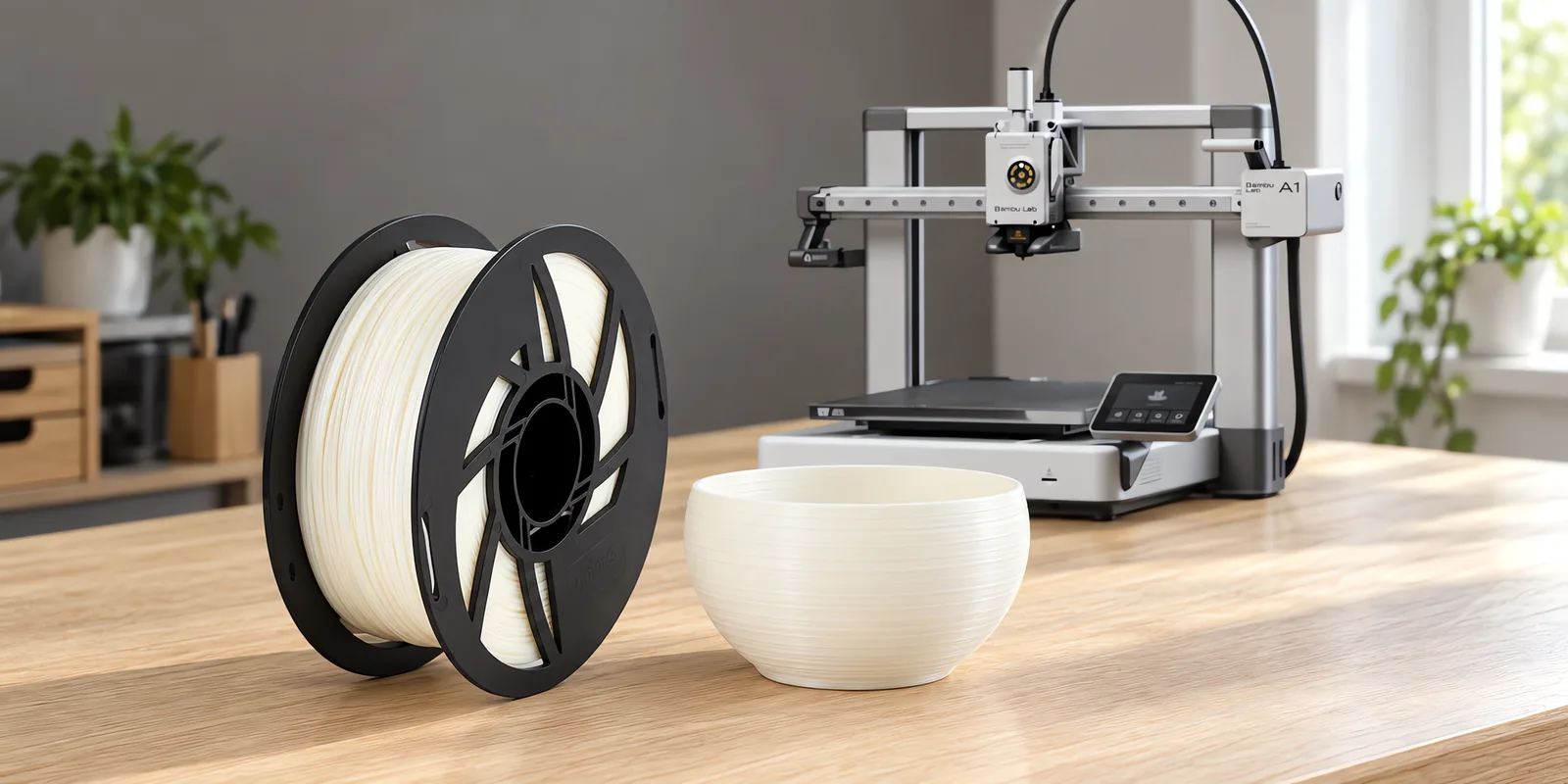 Carretel de filamento pla boutique perla sobre una mesa de roble claro, con una impresora 3D detrás y un cuenco impresa en el mismo color al lado.