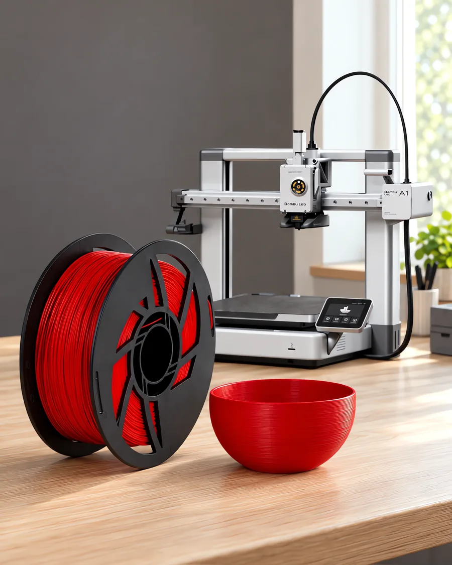 Carretel de filamento pla boutique rubi sobre una mesa de roble claro, con una impresora 3D detrás y un cuenco impresa en el mismo color al lado.