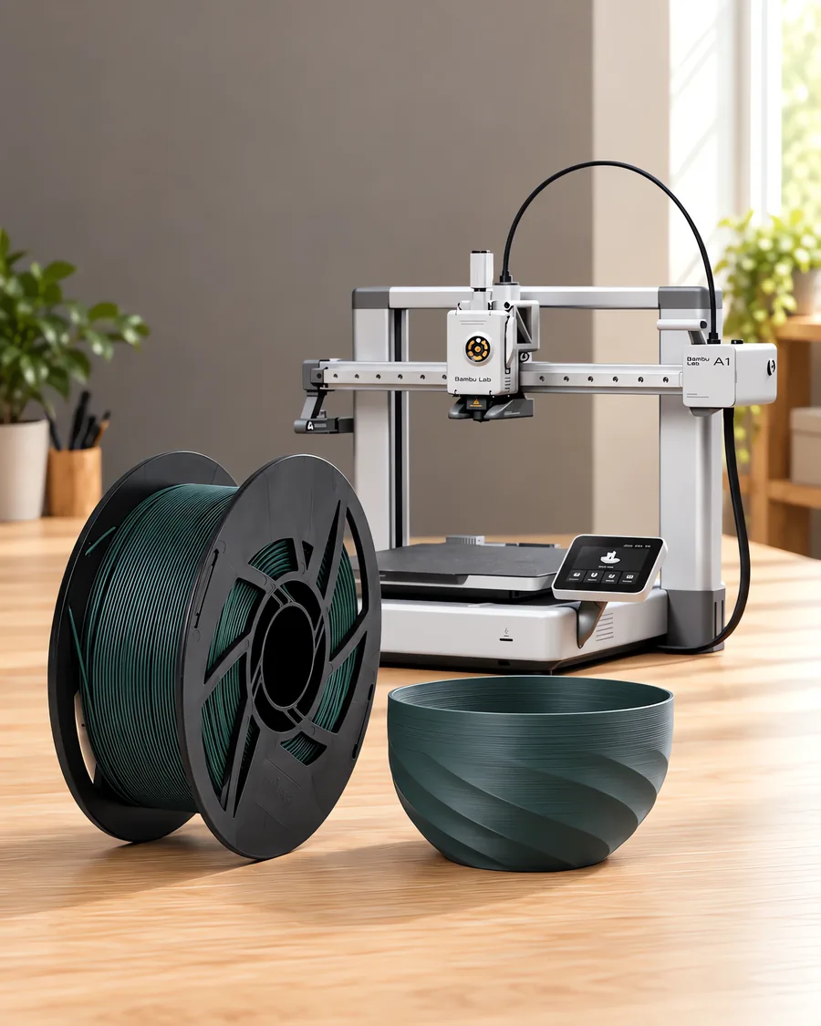 Carretel de filamento pla boutique verde aviador sobre una mesa de roble claro, con una impresora 3D detrás y un cuenco impresa en el mismo color al lado.