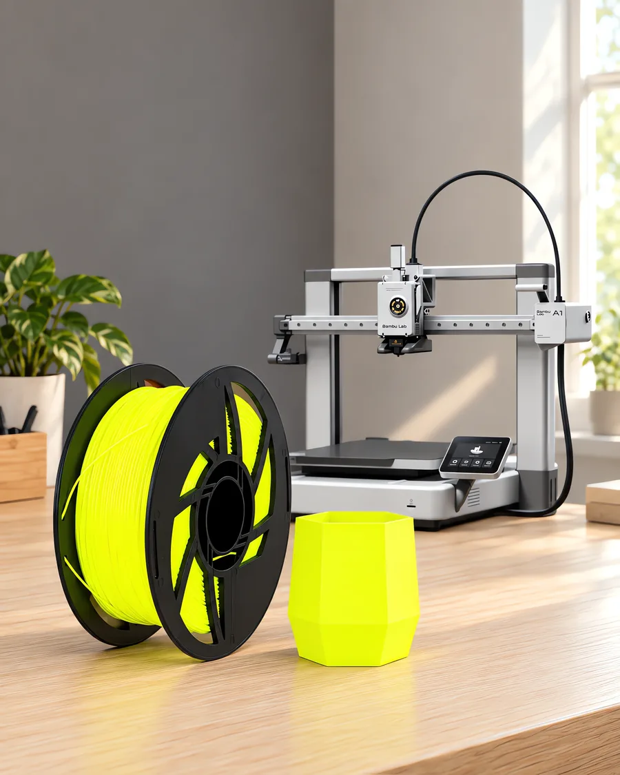 Carretel de filamento pla amarillo fluo sobre una mesa de roble claro, con una impresora 3D detrás y una maceta impresa en el mismo color al lado.
