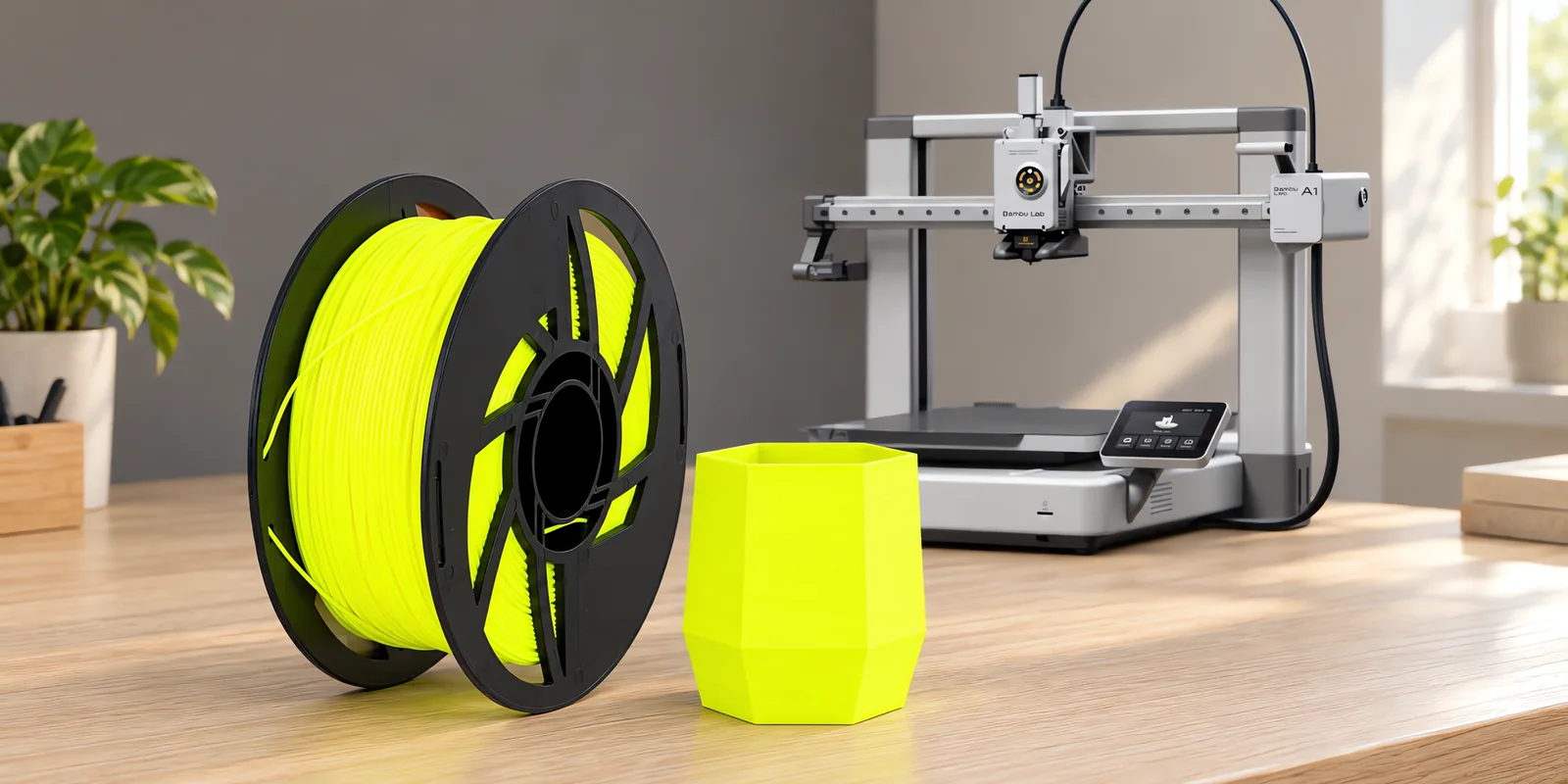 Carretel de filamento pla amarillo fluo sobre una mesa de roble claro, con una impresora 3D detrás y una maceta impresa en el mismo color al lado.