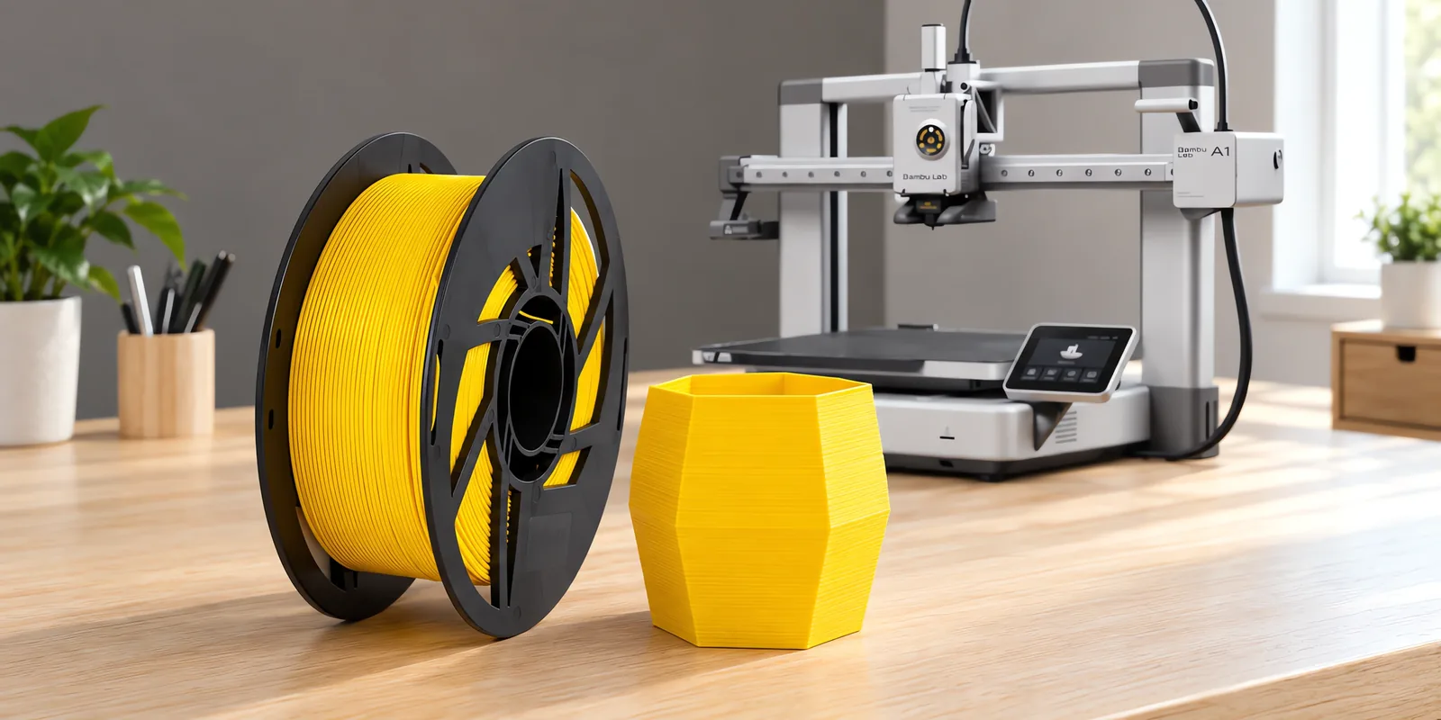 Carretel de filamento pla amarillo sobre una mesa de roble claro, con una impresora 3D detrás y una maceta impresa en el mismo color al lado.