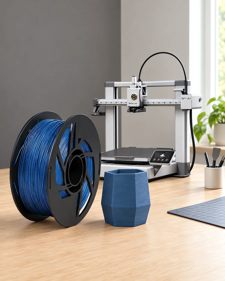 Carretel de filamento pla azul prusia sobre una mesa de roble claro, con una impresora 3D detrás y una maceta impresa en el mismo color al lado.