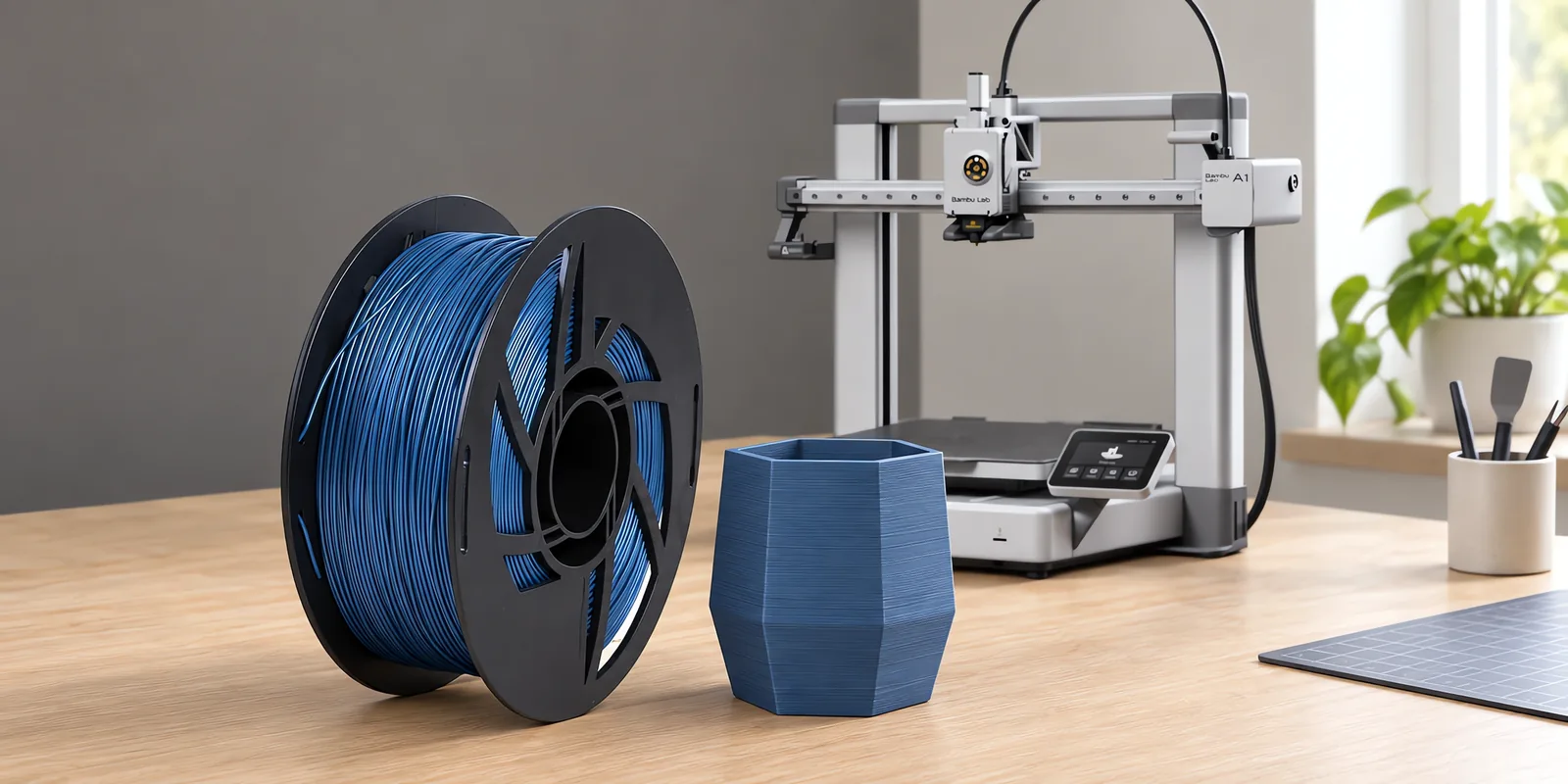 Carretel de filamento pla azul prusia sobre una mesa de roble claro, con una impresora 3D detrás y una maceta impresa en el mismo color al lado.