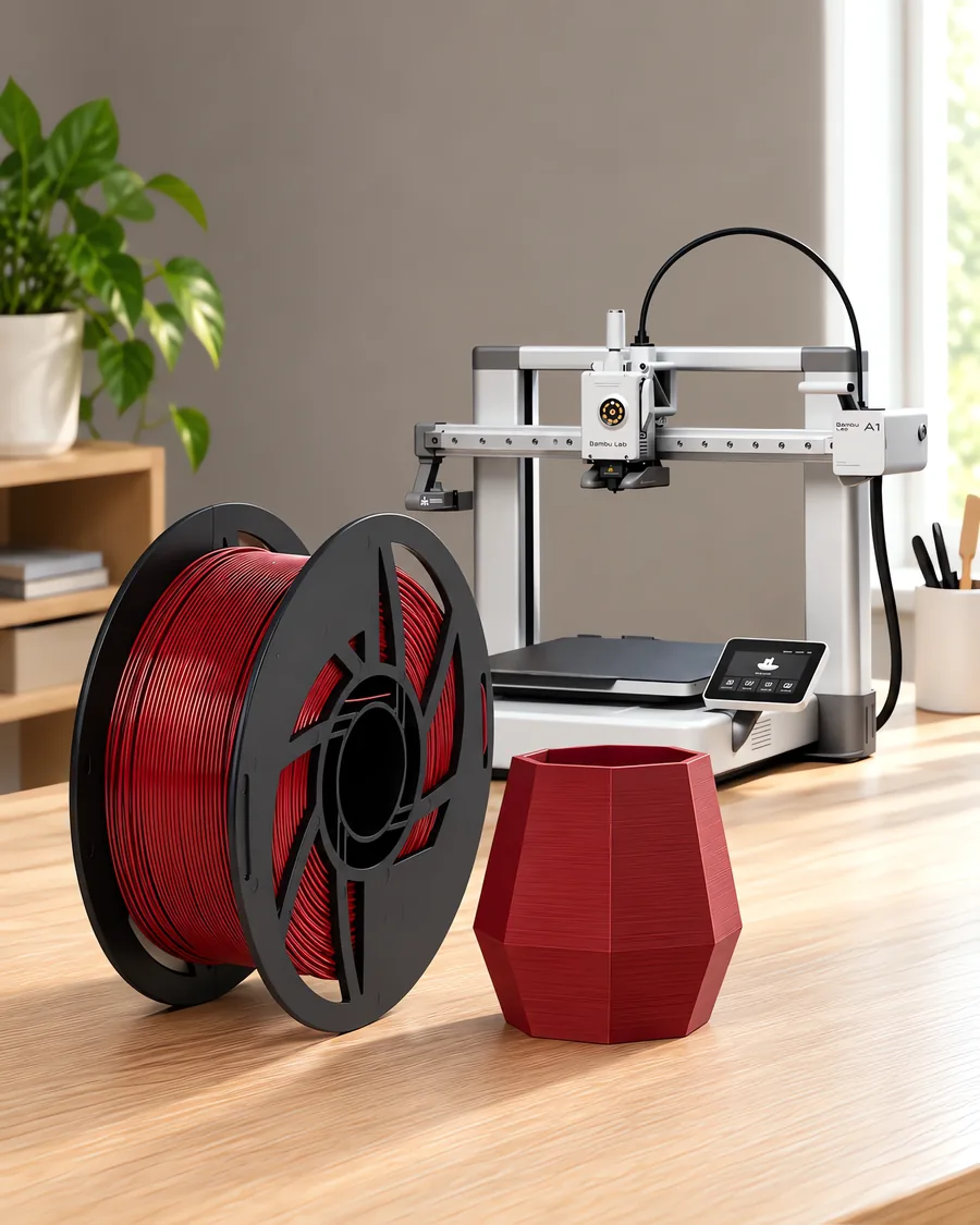 Carretel de filamento pla bordo sobre una mesa de roble claro, con una impresora 3D detrás y una maceta impresa en el mismo color al lado.