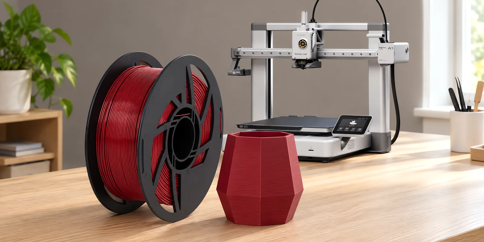 Carretel de filamento pla bordo sobre una mesa de roble claro, con una impresora 3D detrás y una maceta impresa en el mismo color al lado.