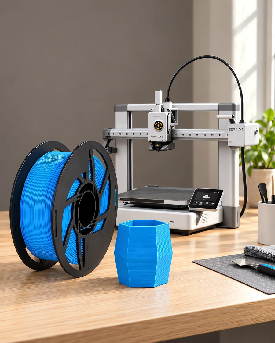 Carretel de filamento pla celeste sobre una mesa de roble claro, con una impresora 3D detrás y una maceta impresa en el mismo color al lado.