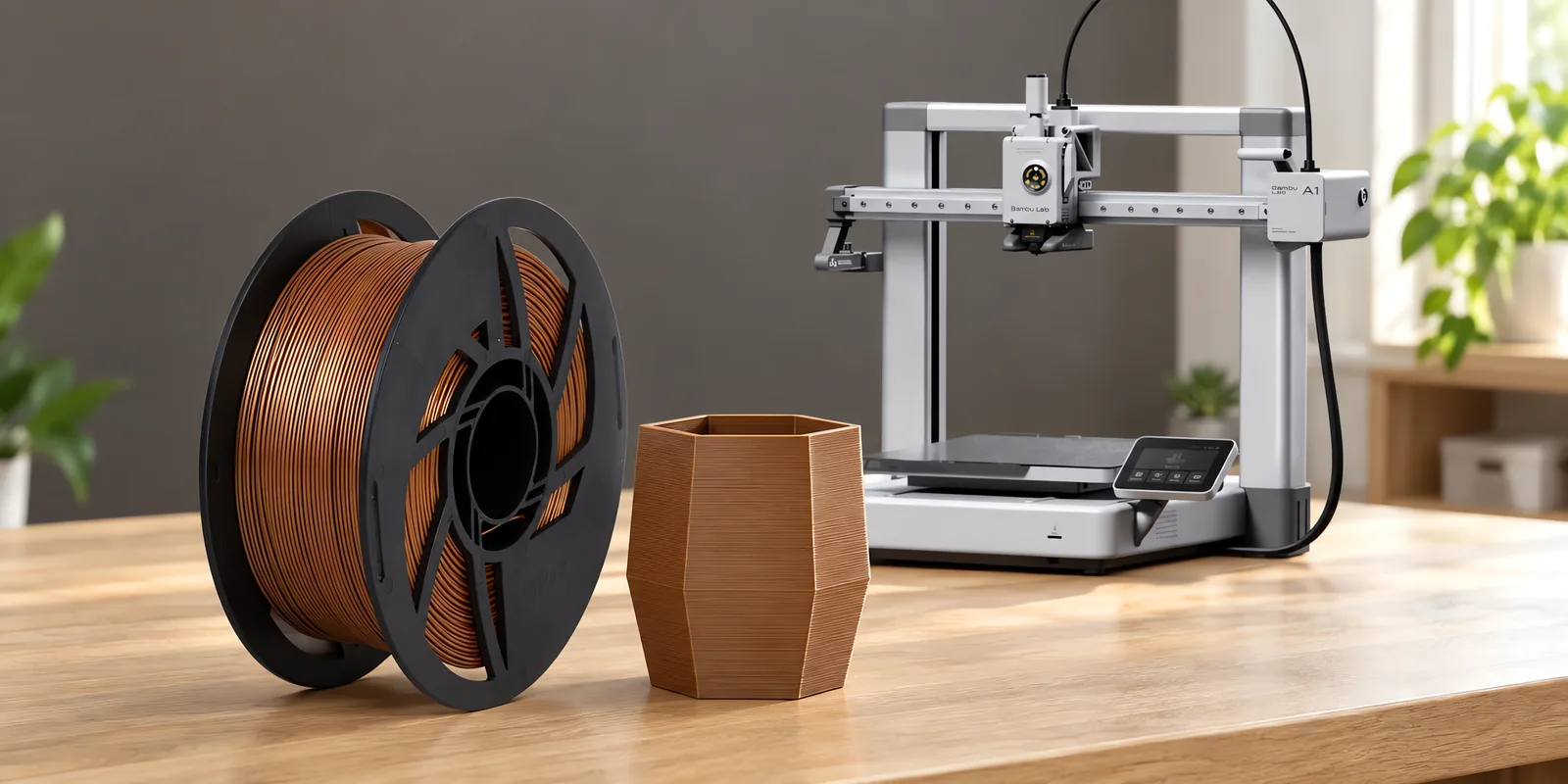 Carretel de filamento pla cobre sobre una mesa de roble claro, con una impresora 3D detrás y una maceta impresa en el mismo color al lado.