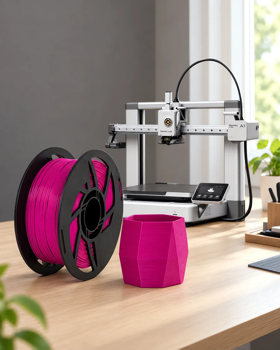 Carretel de filamento pla fucsia sobre una mesa de roble claro, con una impresora 3D detrás y una maceta impresa en el mismo color al lado.