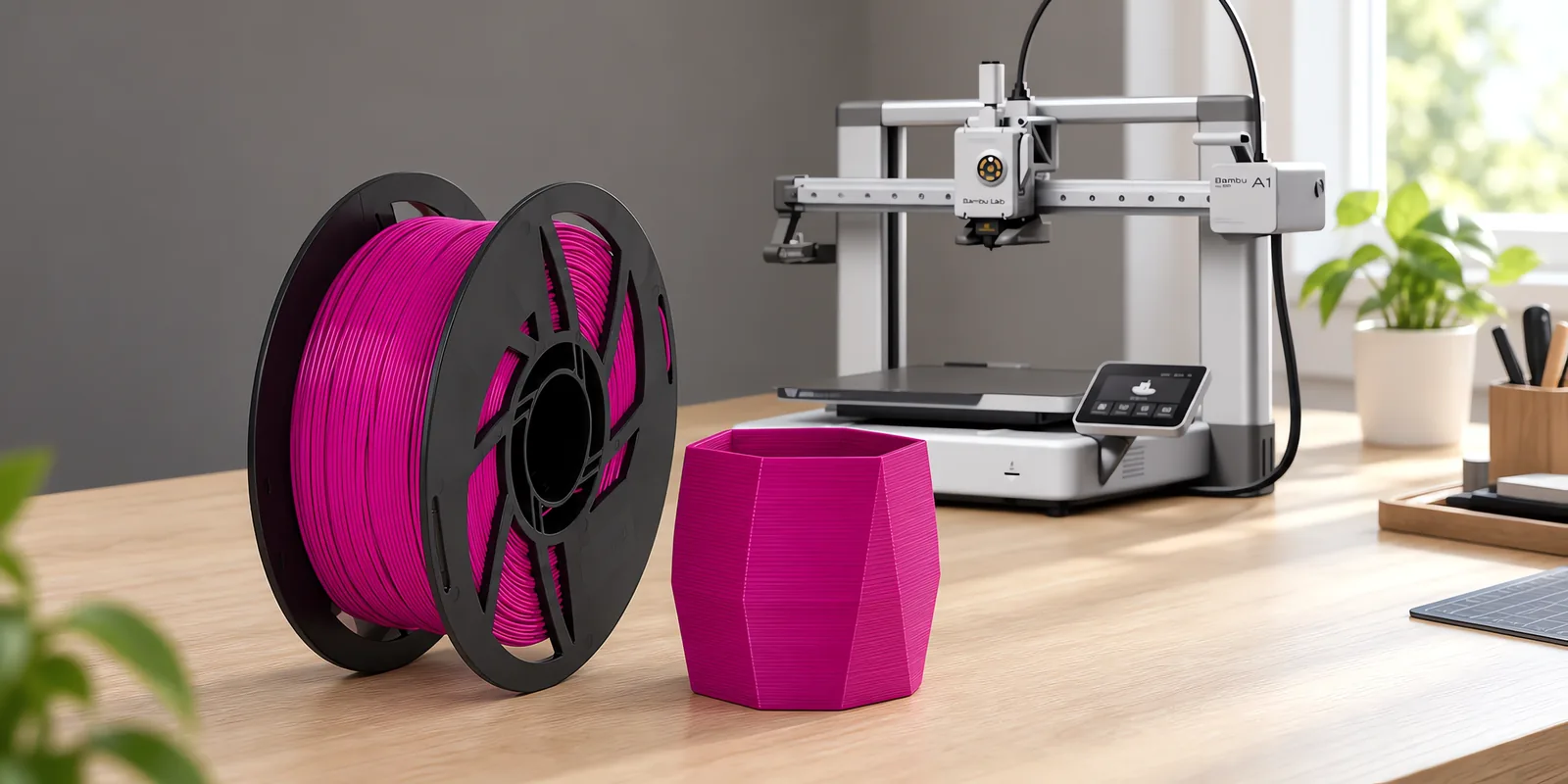 Carretel de filamento pla fucsia sobre una mesa de roble claro, con una impresora 3D detrás y una maceta impresa en el mismo color al lado.