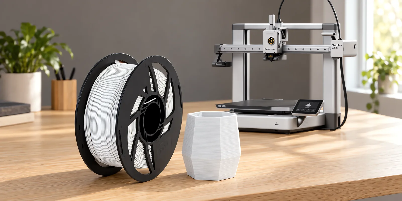 Carretel de filamento pla gris espacial sobre una mesa de roble claro, con una impresora 3D detrás y una maceta impresa en el mismo color al lado.