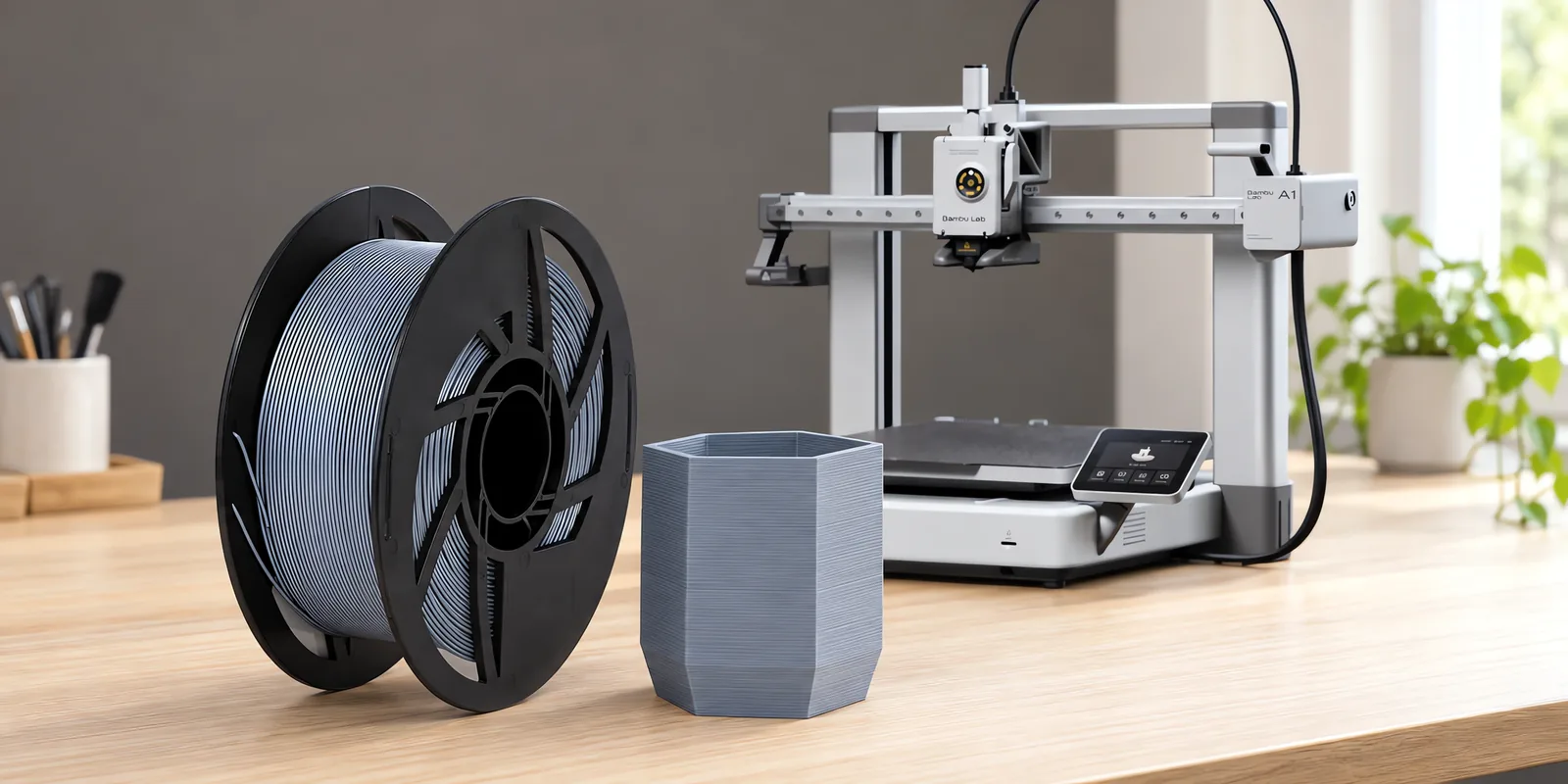 Carretel de filamento pla gris plata sobre una mesa de roble claro, con una impresora 3D detrás y una maceta impresa en el mismo color al lado.
