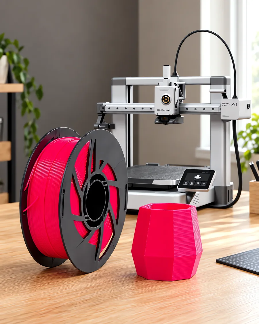 Carretel de filamento pla magenta fluo sobre una mesa de roble claro, con una impresora 3D detrás y una maceta impresa en el mismo color al lado.