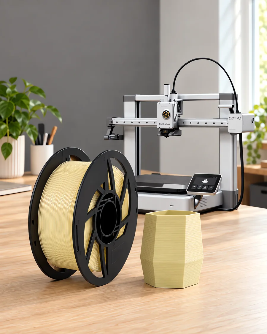 Carretel de filamento pla natural sobre una mesa de roble claro, con una impresora 3D detrás y una maceta impresa en el mismo color al lado.