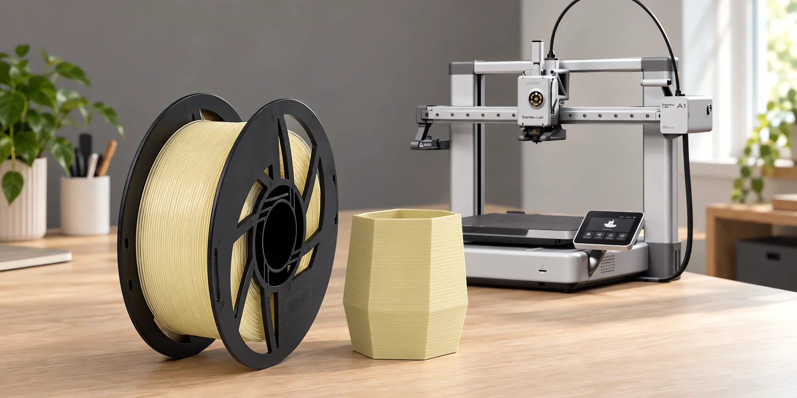 Carretel de filamento pla natural sobre una mesa de roble claro, con una impresora 3D detrás y una maceta impresa en el mismo color al lado.