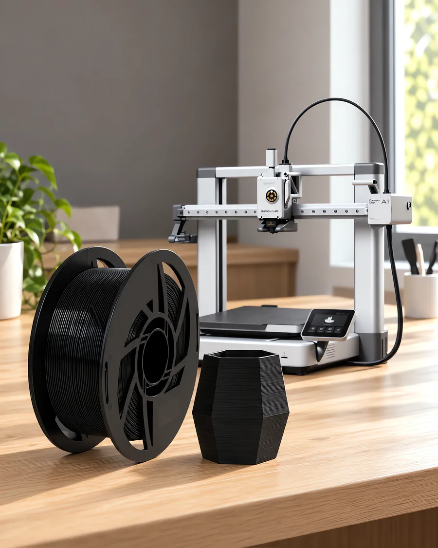 Carretel de filamento pla negro sobre una mesa de roble claro, con una impresora 3D detrás y una maceta impresa en el mismo color al lado.
