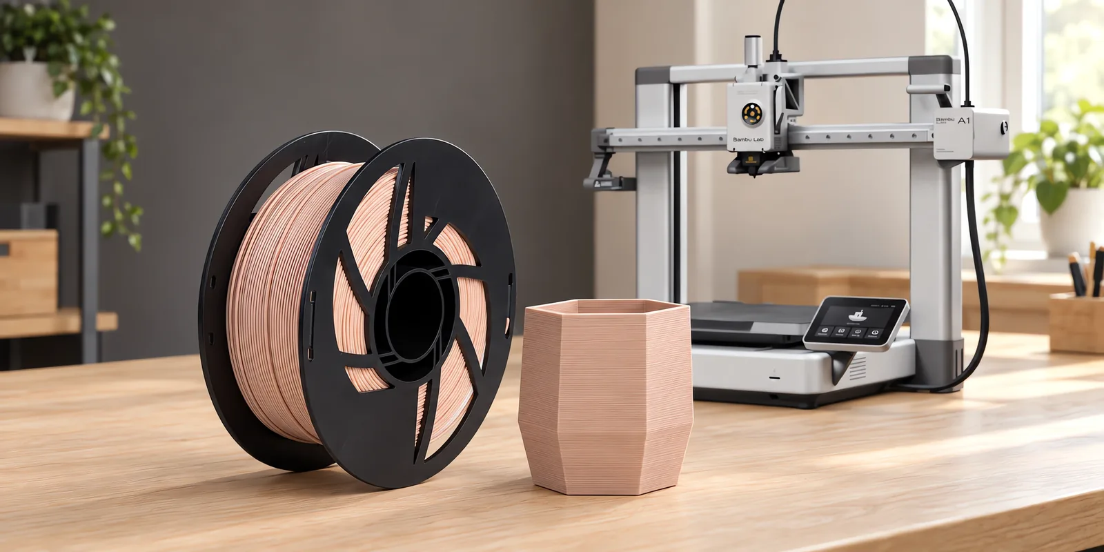 Carretel de filamento pla piel 162 sobre una mesa de roble claro, con una impresora 3D detrás y una maceta impresa en el mismo color al lado.