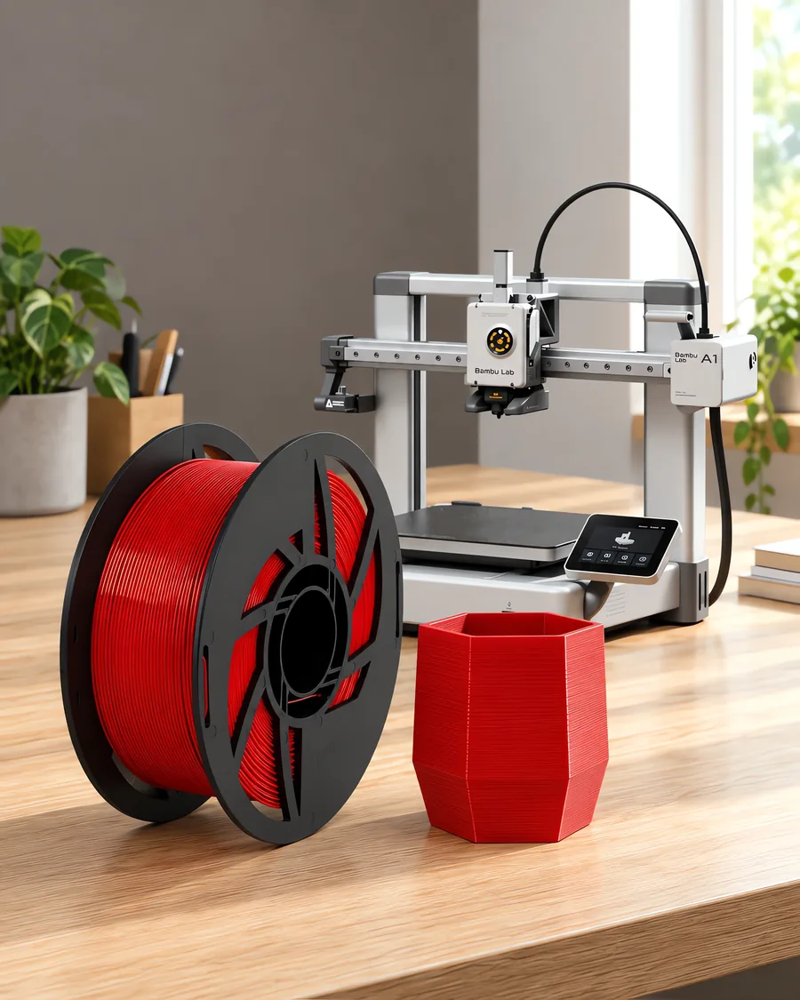 Carretel de filamento pla rojo sobre una mesa de roble claro, con una impresora 3D detrás y una maceta impresa en el mismo color al lado.