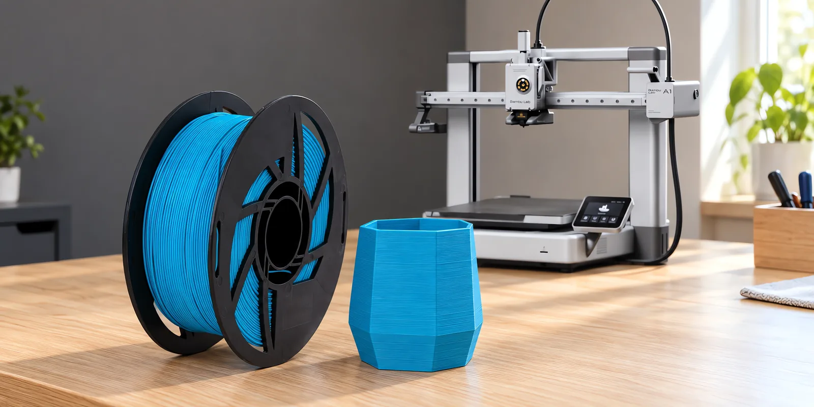 Carretel de filamento pla turquesa sobre una mesa de roble claro, con una impresora 3D detrás y una maceta impresa en el mismo color al lado.