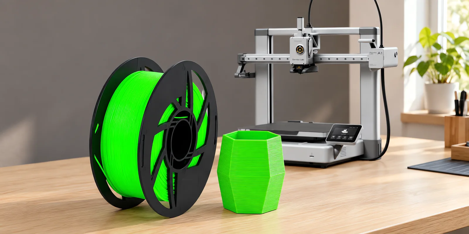 Carretel de filamento pla verde fluo sobre una mesa de roble claro, con una impresora 3D detrás y una maceta impresa en el mismo color al lado.