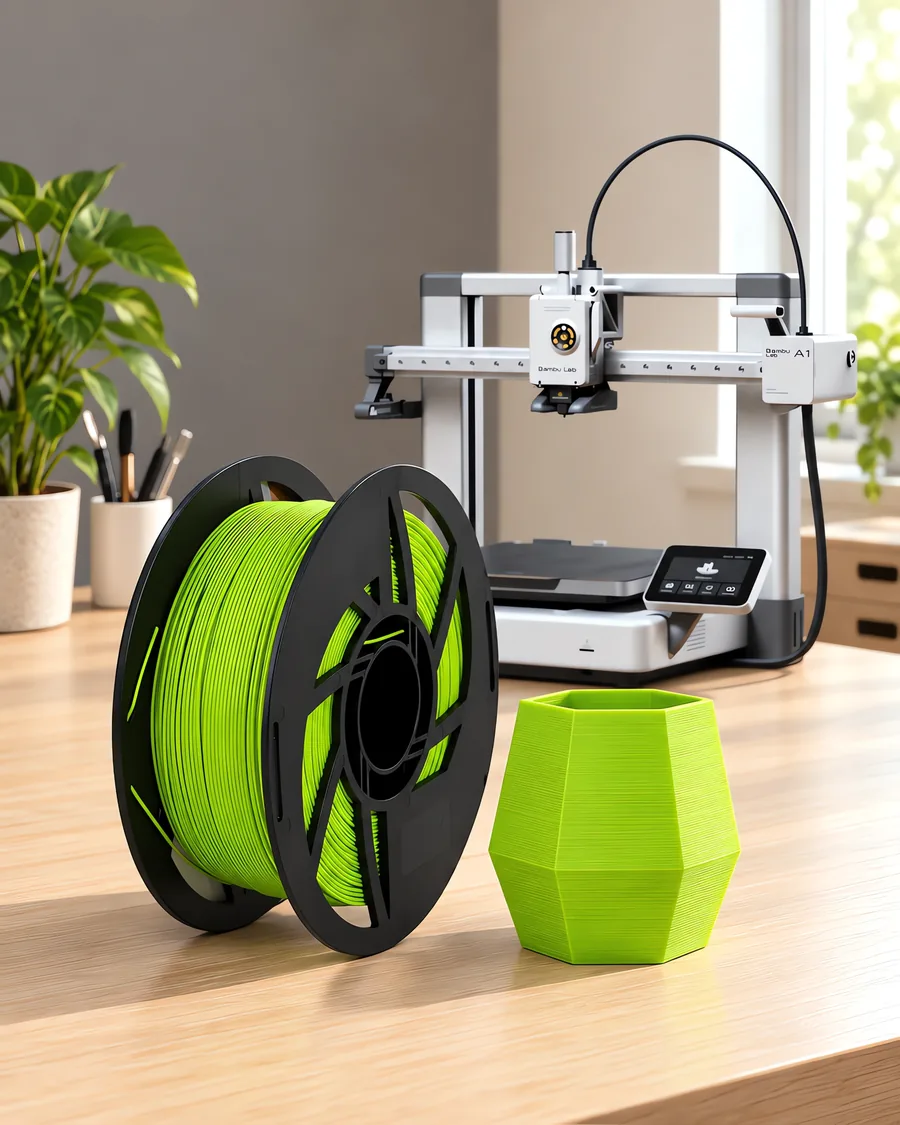 Carretel de filamento pla verde manzana sobre una mesa de roble claro, con una impresora 3D detrás y una maceta impresa en el mismo color al lado.