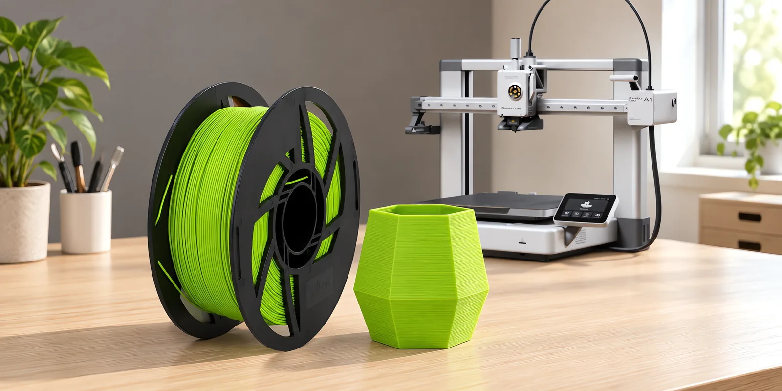 Carretel de filamento pla verde manzana sobre una mesa de roble claro, con una impresora 3D detrás y una maceta impresa en el mismo color al lado.