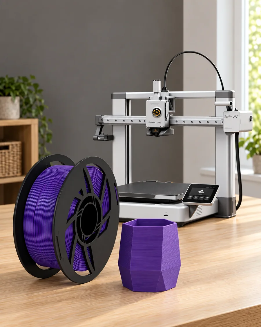 Carretel de filamento pla violeta sobre una mesa de roble claro, con una impresora 3D detrás y una maceta impresa en el mismo color al lado.