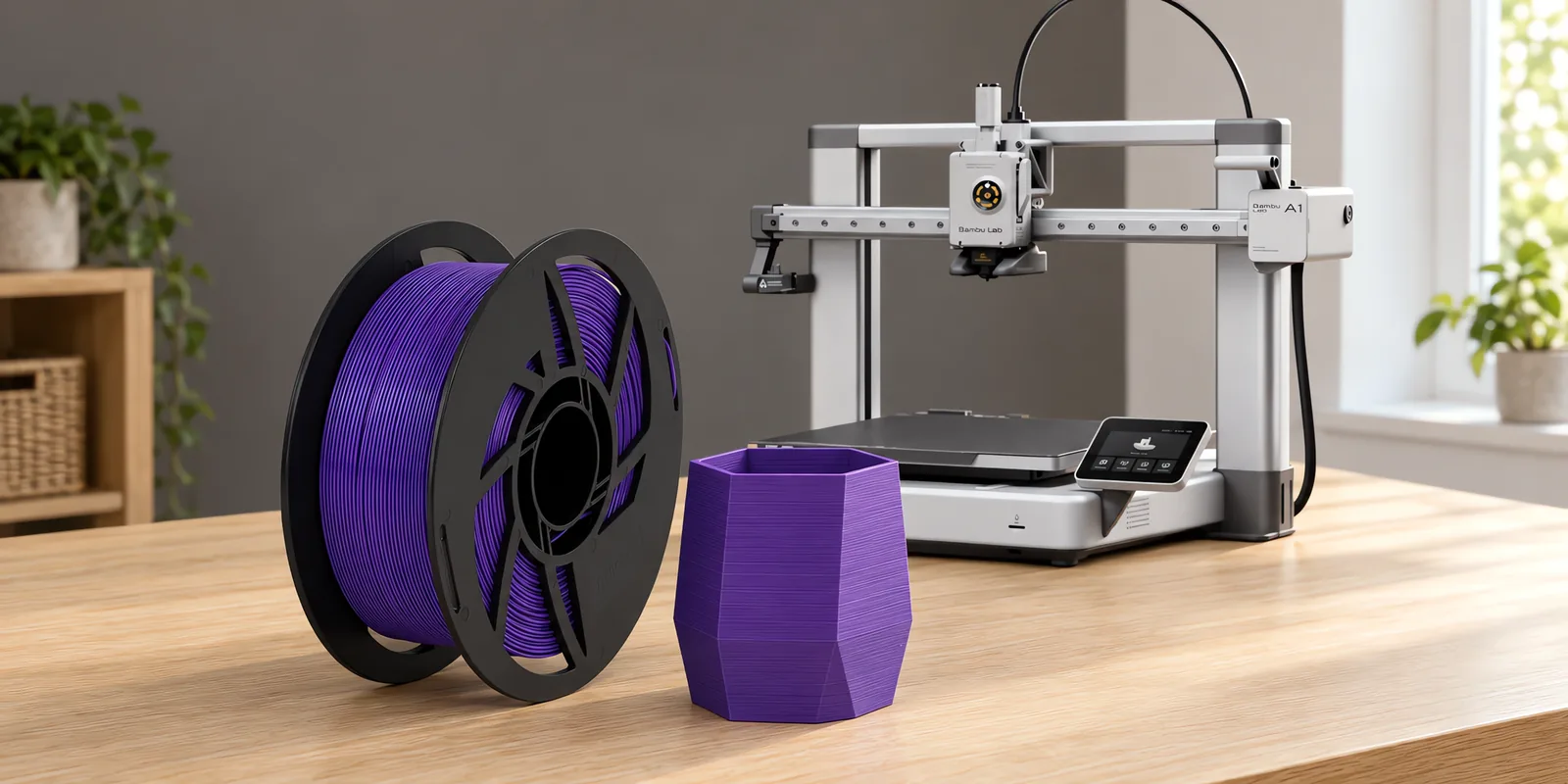 Carretel de filamento pla violeta sobre una mesa de roble claro, con una impresora 3D detrás y una maceta impresa en el mismo color al lado.