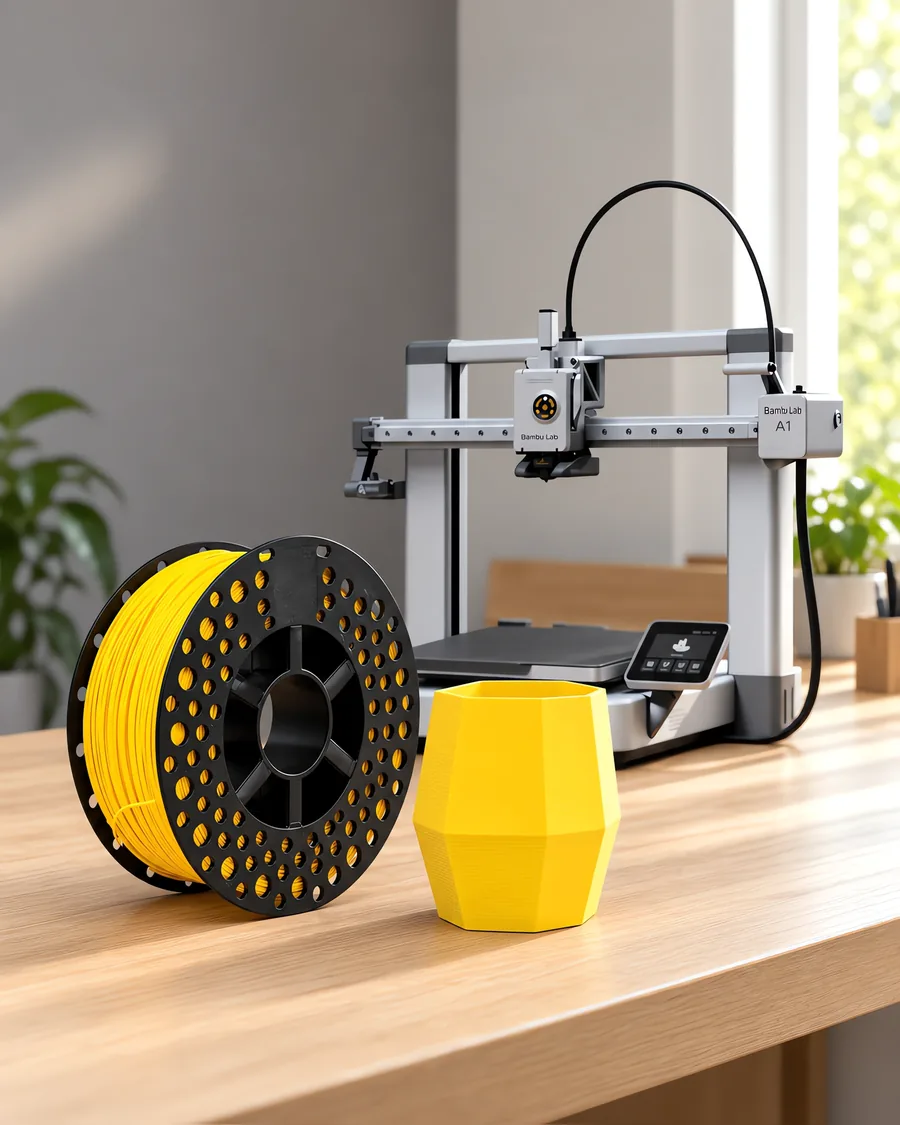 Carretel de filamento pla+ amarillo sobre una mesa de roble claro, con una impresora 3D detrás y una maceta impresa en el mismo color al lado.