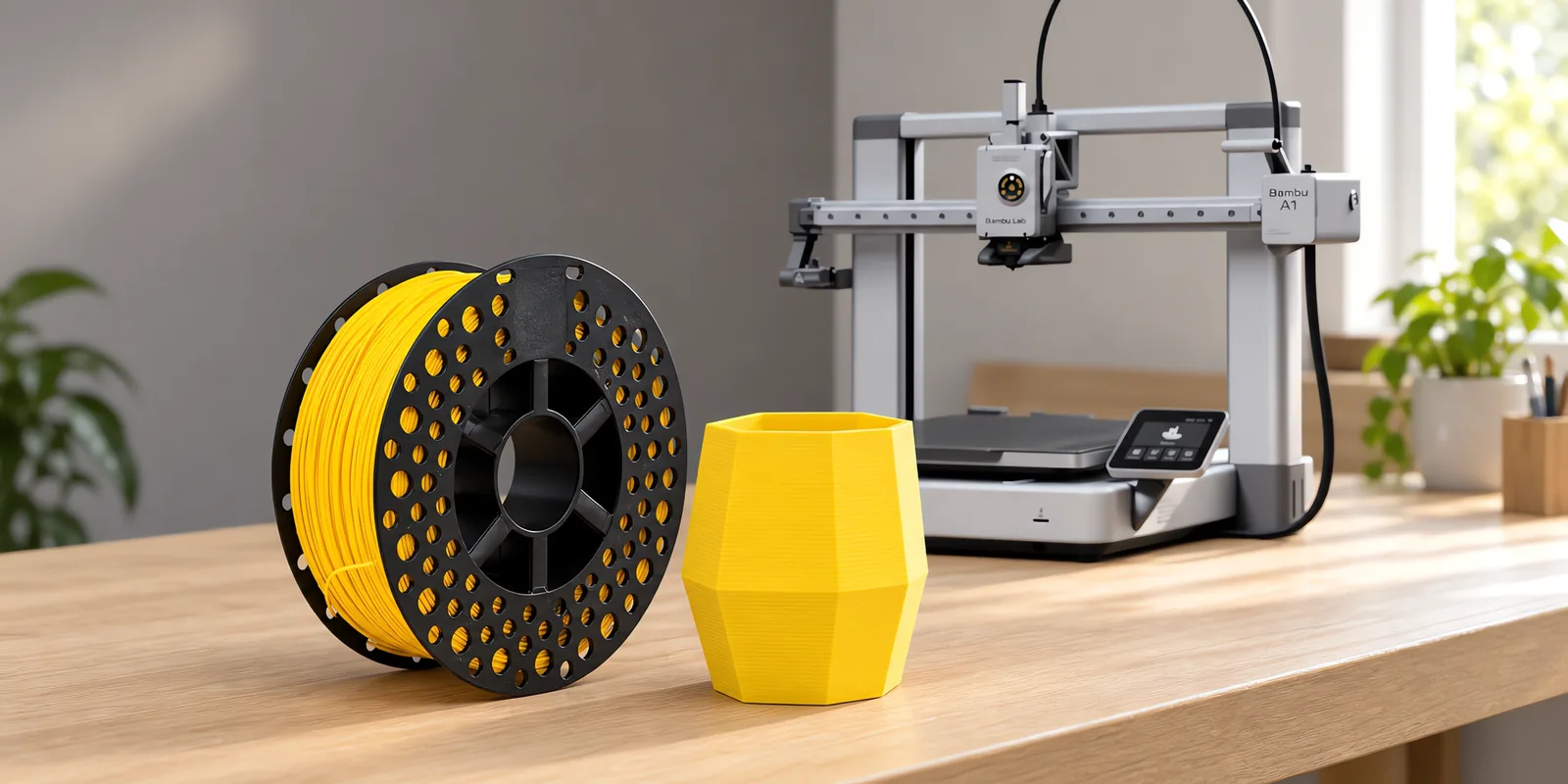 Carretel de filamento pla+ amarillo sobre una mesa de roble claro, con una impresora 3D detrás y una maceta impresa en el mismo color al lado.