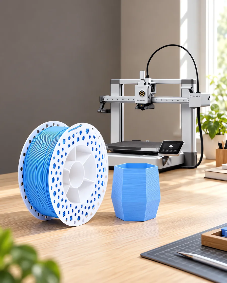 Carretel de filamento pla+ celeste sobre una mesa de roble claro, con una impresora 3D detrás y una maceta impresa en el mismo color al lado.