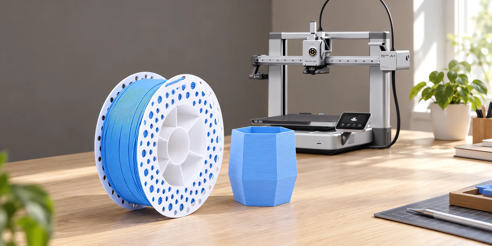 Carretel de filamento pla+ celeste sobre una mesa de roble claro, con una impresora 3D detrás y una maceta impresa en el mismo color al lado.