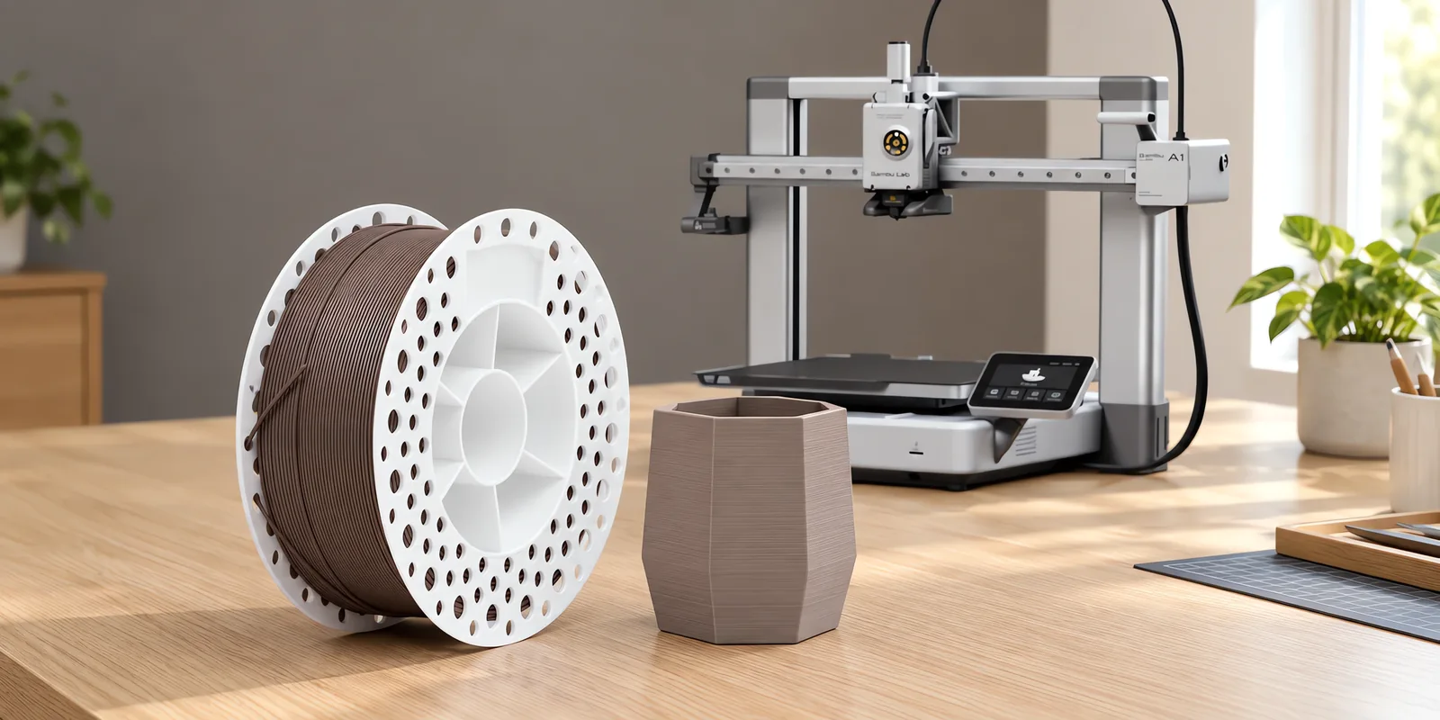 Carretel de filamento pla+ chocolate sobre una mesa de roble claro, con una impresora 3D detrás y una maceta impresa en el mismo color al lado.